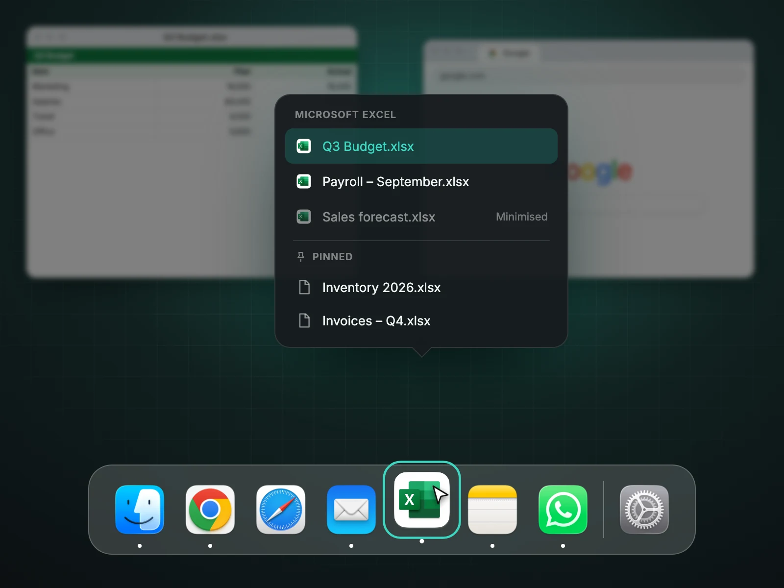 Hovering a Dock icon lists that app's windows and pinned files