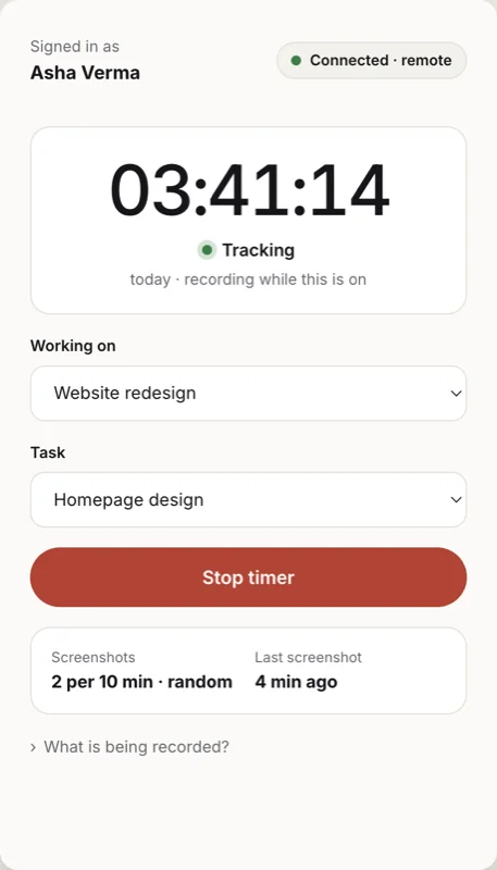 The Clockgauge employee app with a running timer, project and task pickers