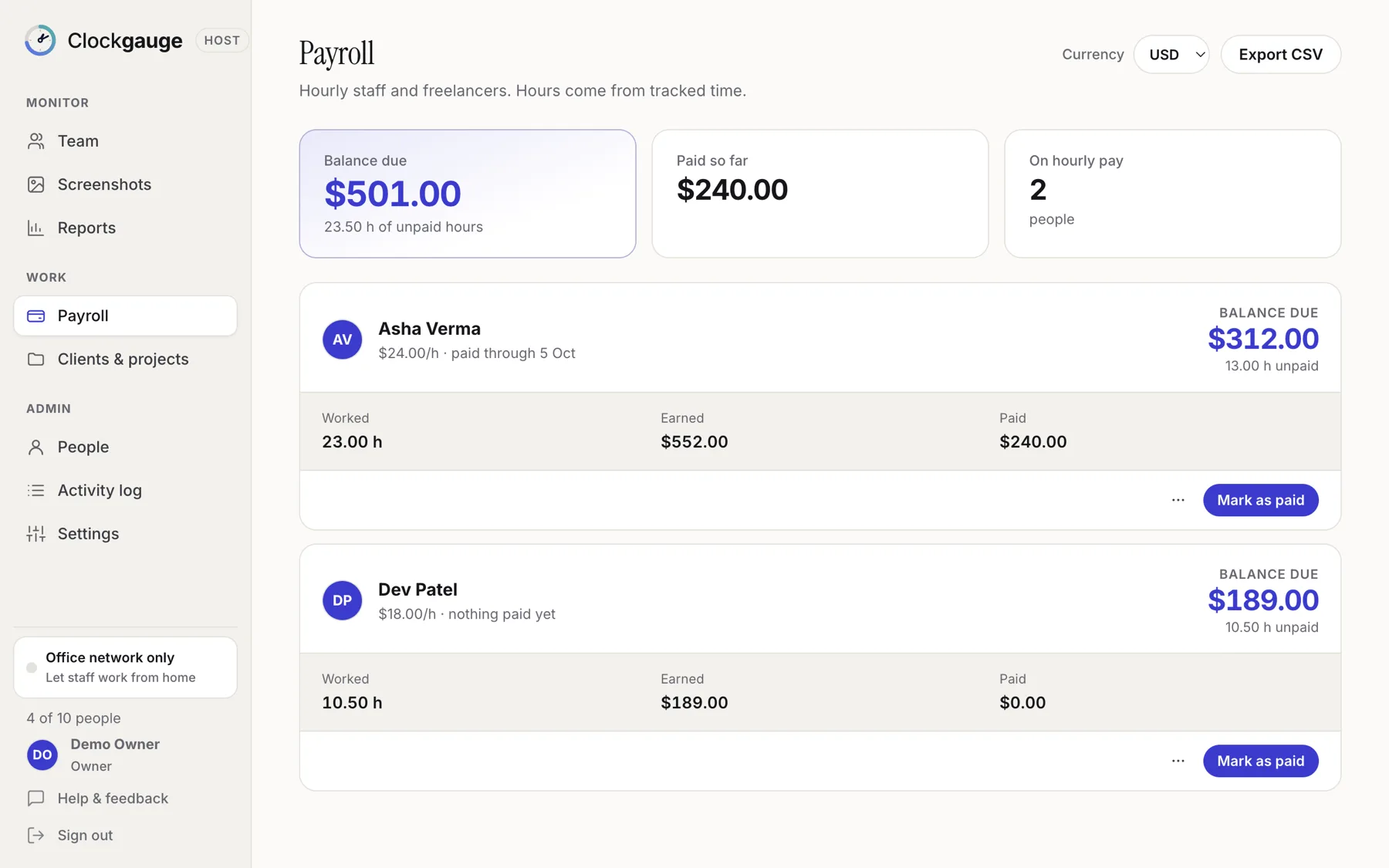 Payroll page with balances for each person