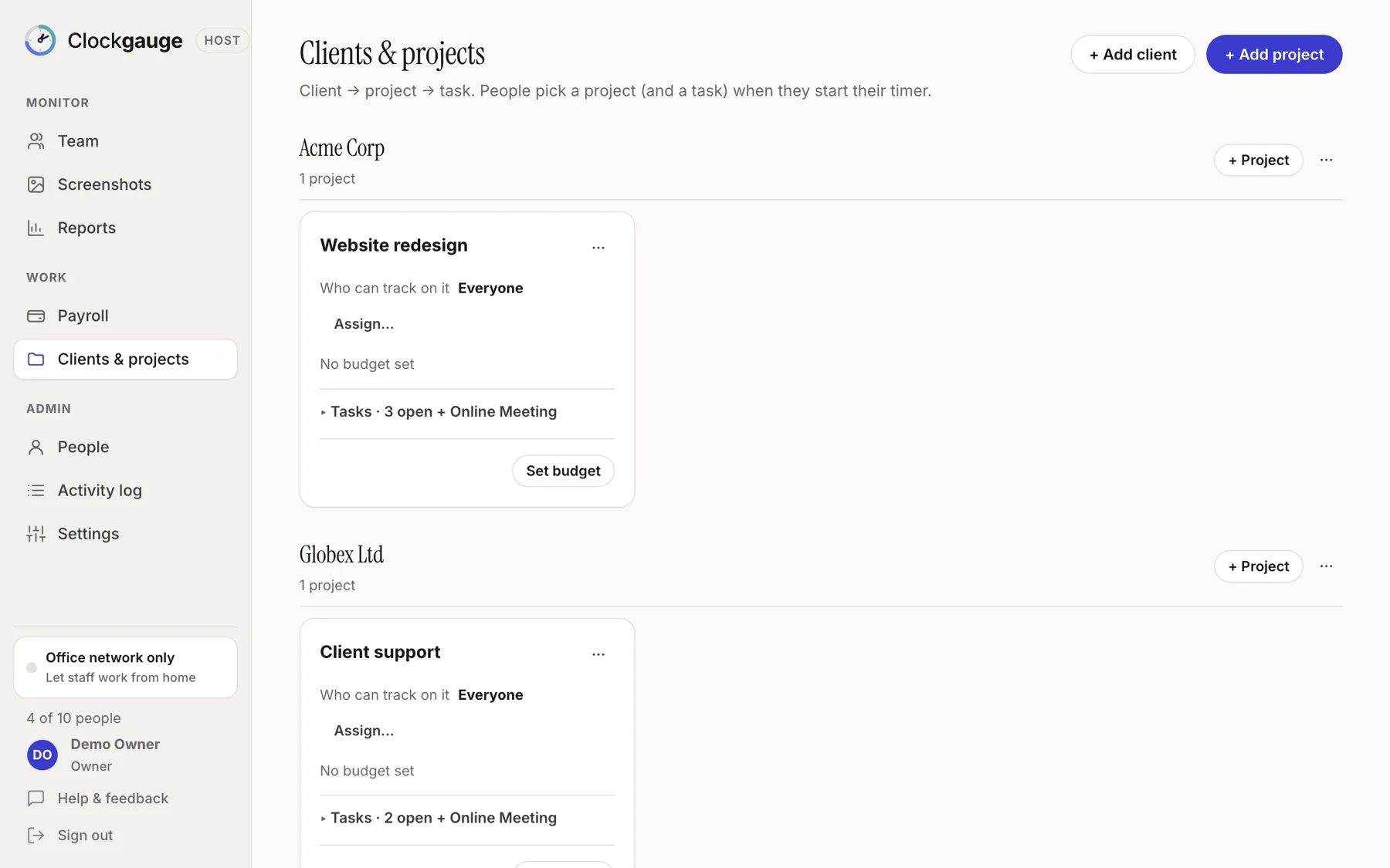 Clients and projects page with project cards and tasks