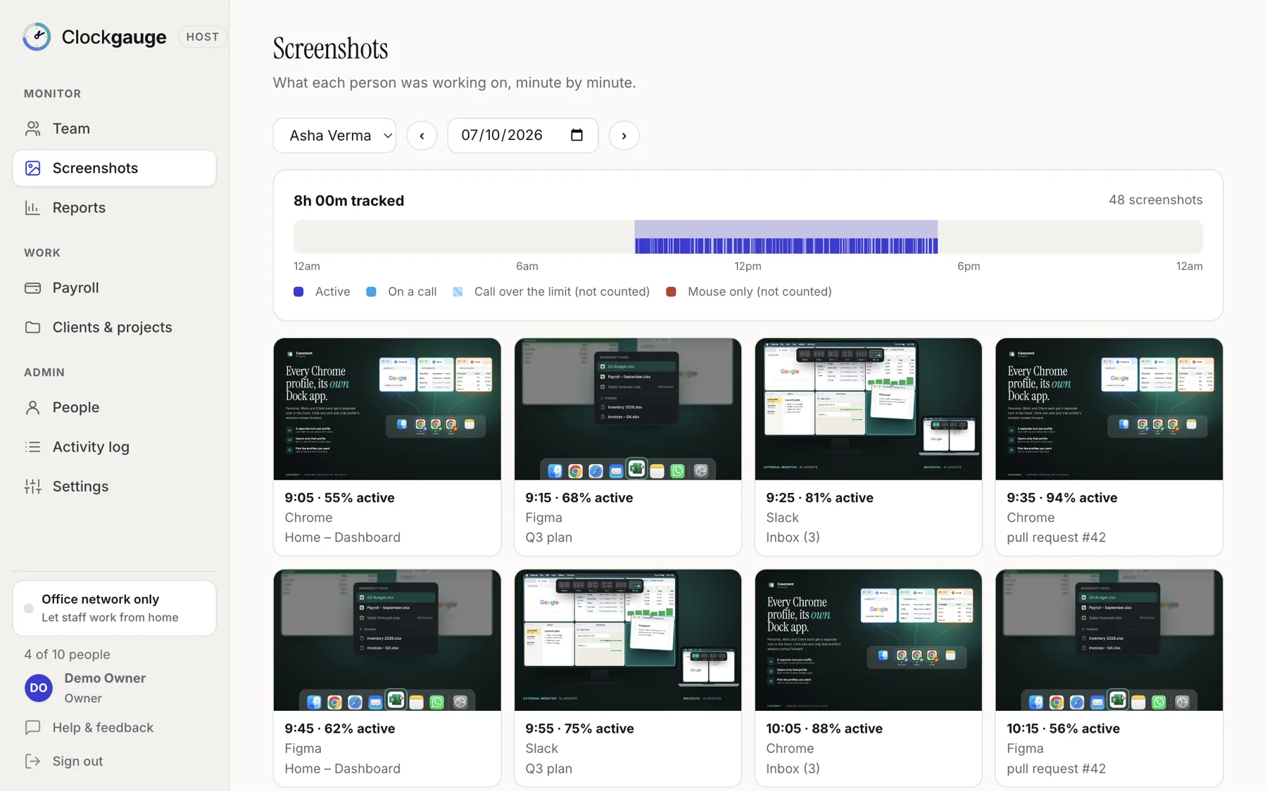 Screenshots page with a timeline of the day and a grid of screenshots