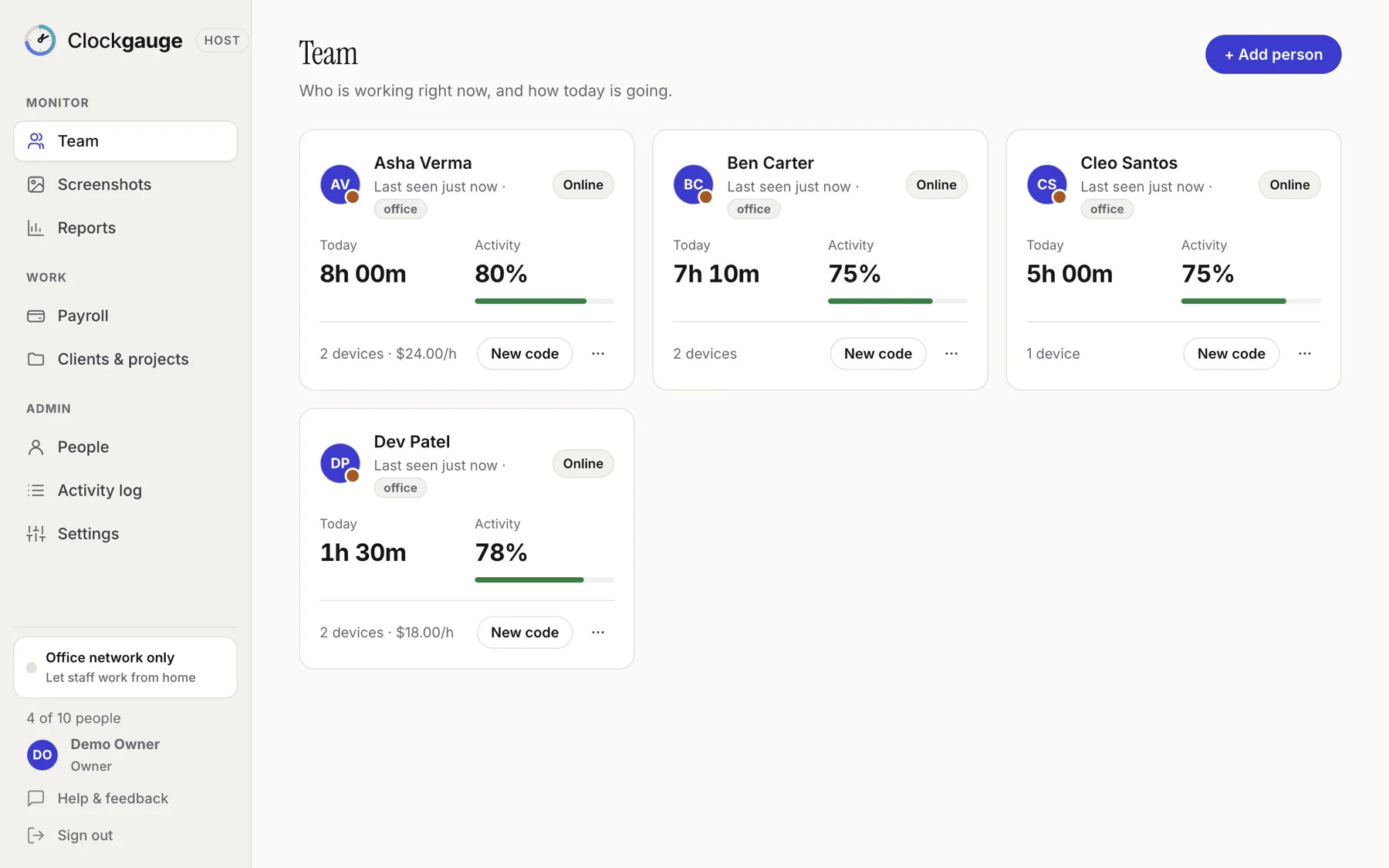 Clockgauge dashboard showing who is working and how active they are today