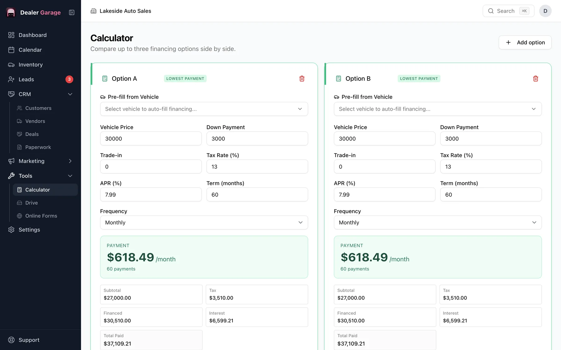 Dealer Garage payment calculator