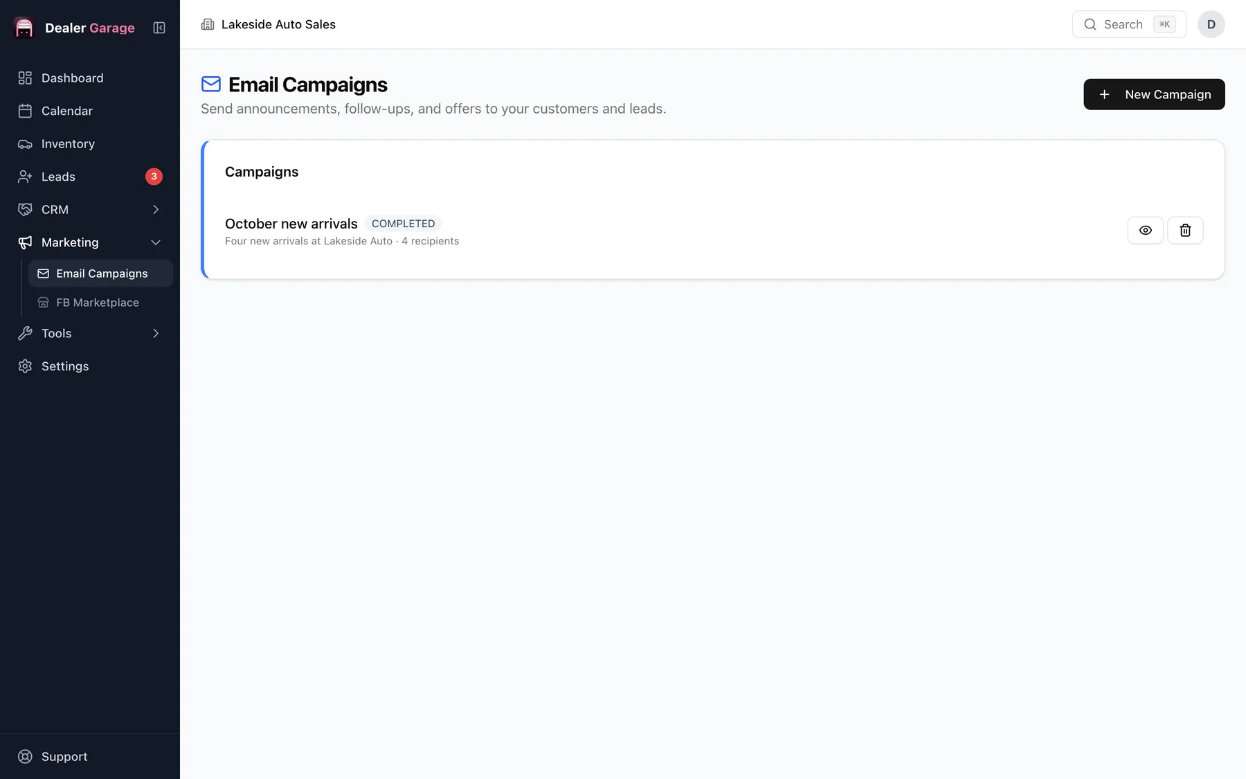 Dealer Garage email campaigns page with a completed campaign