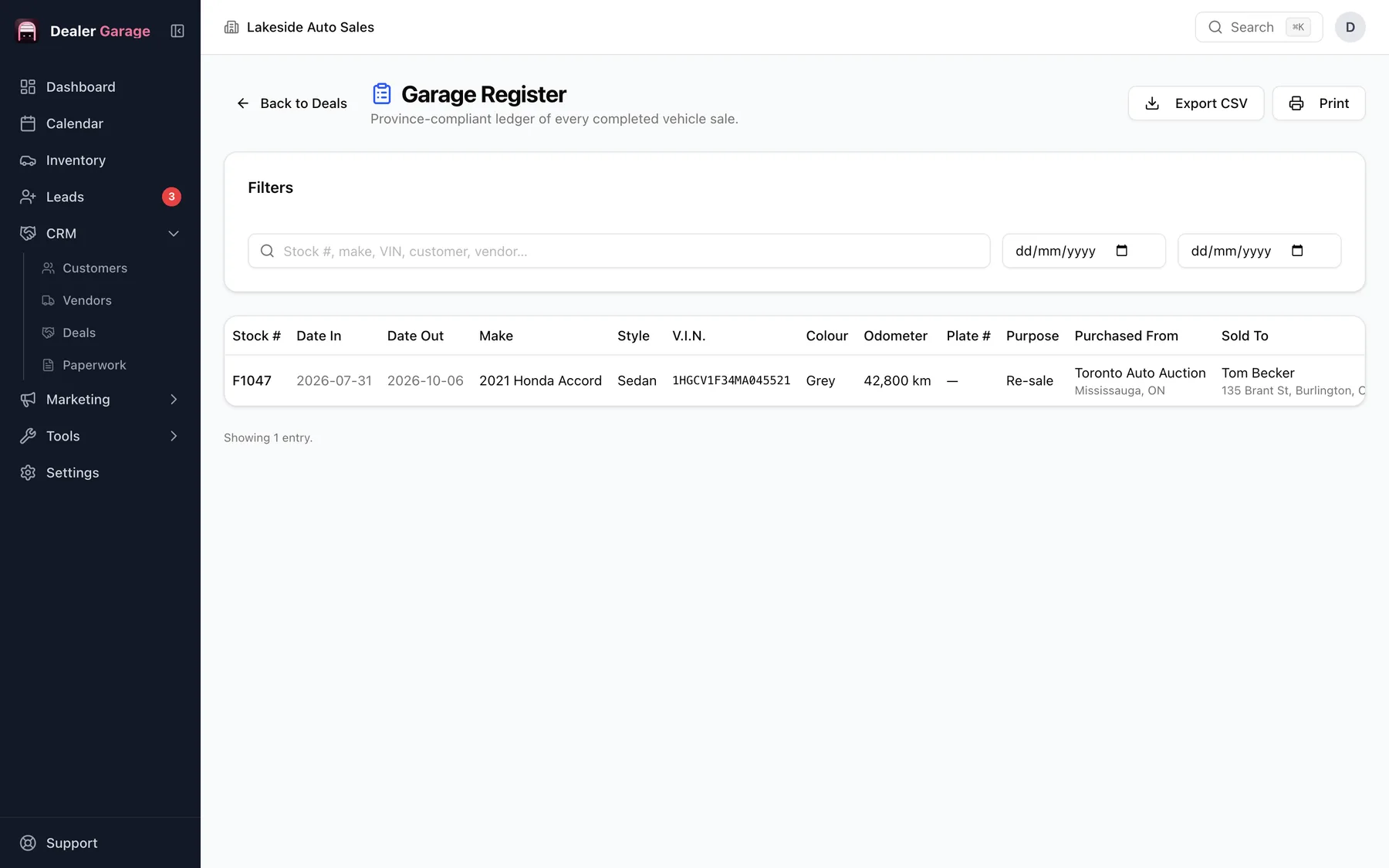 Dealer Garage garage register