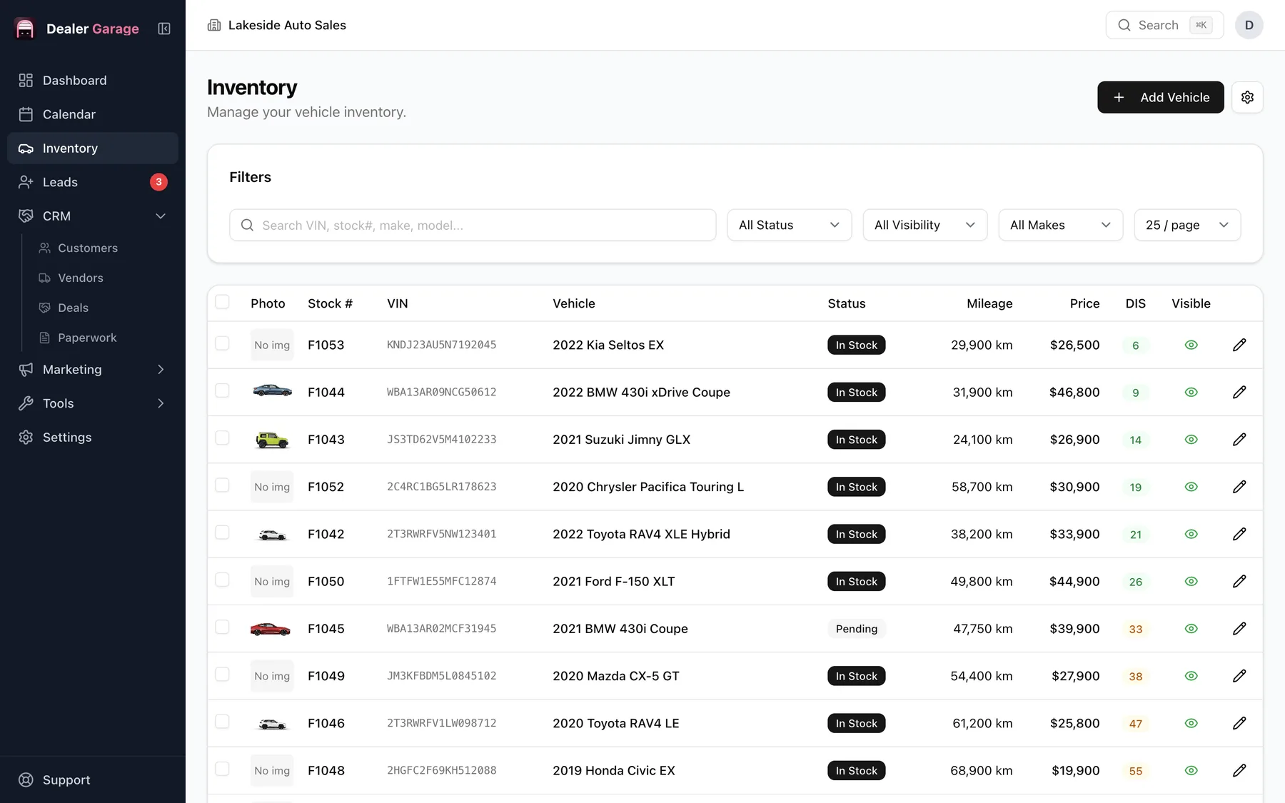 Dealer Garage inventory list with photos, status, mileage and price