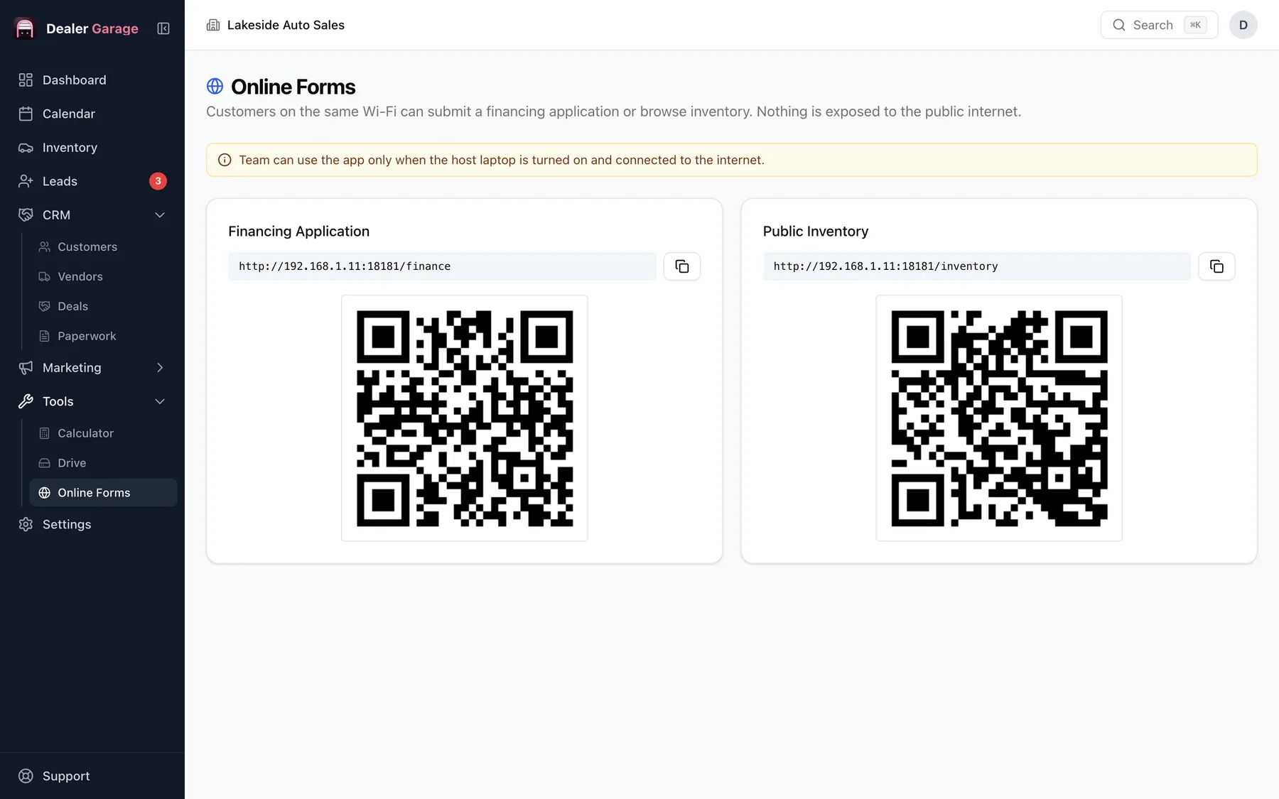 Dealer Garage online forms with links and QR codes