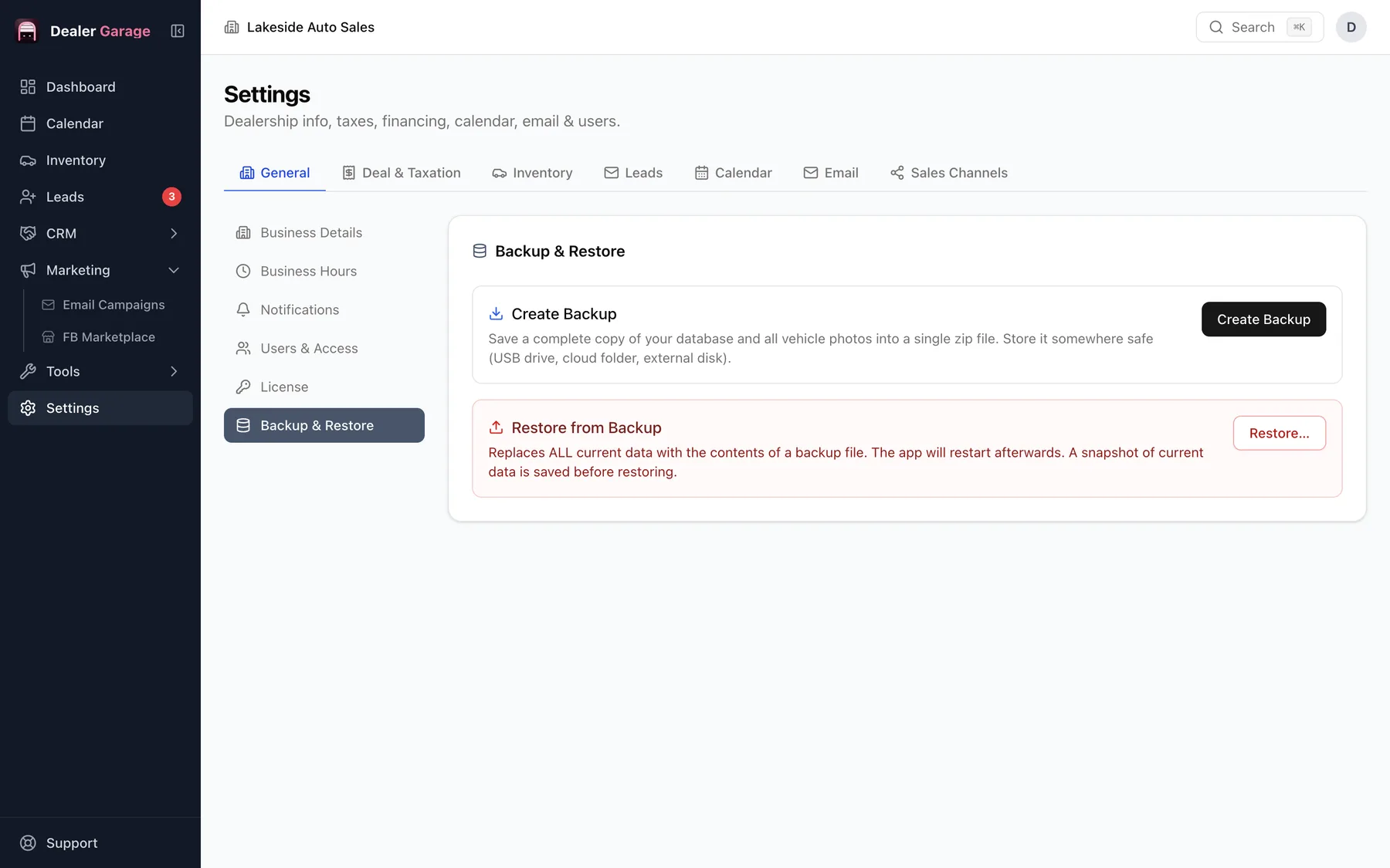 Dealer Garage settings page with Create Backup and Restore from Backup