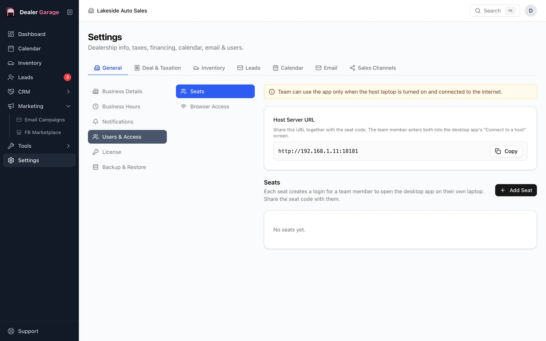 Dealer Garage seats and browser access settings