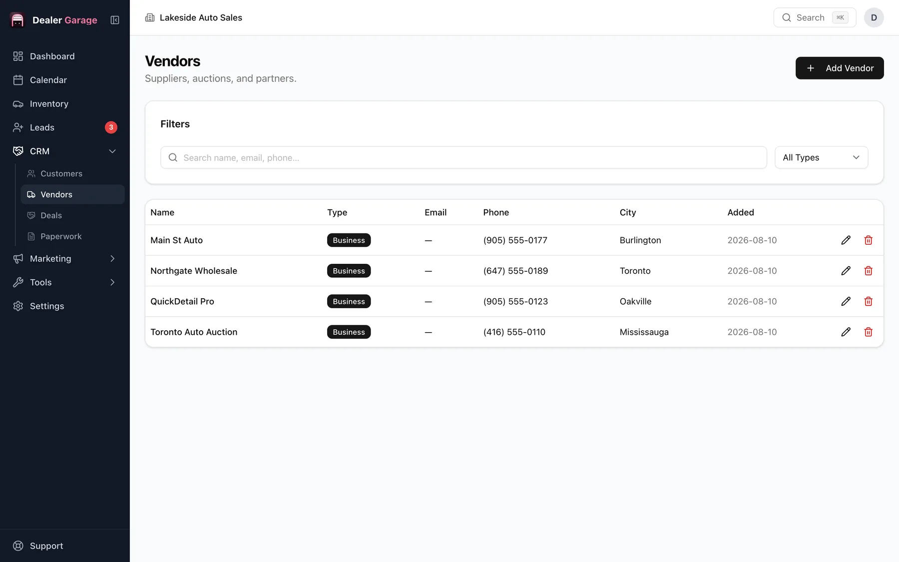 Dealer Garage vendors list
