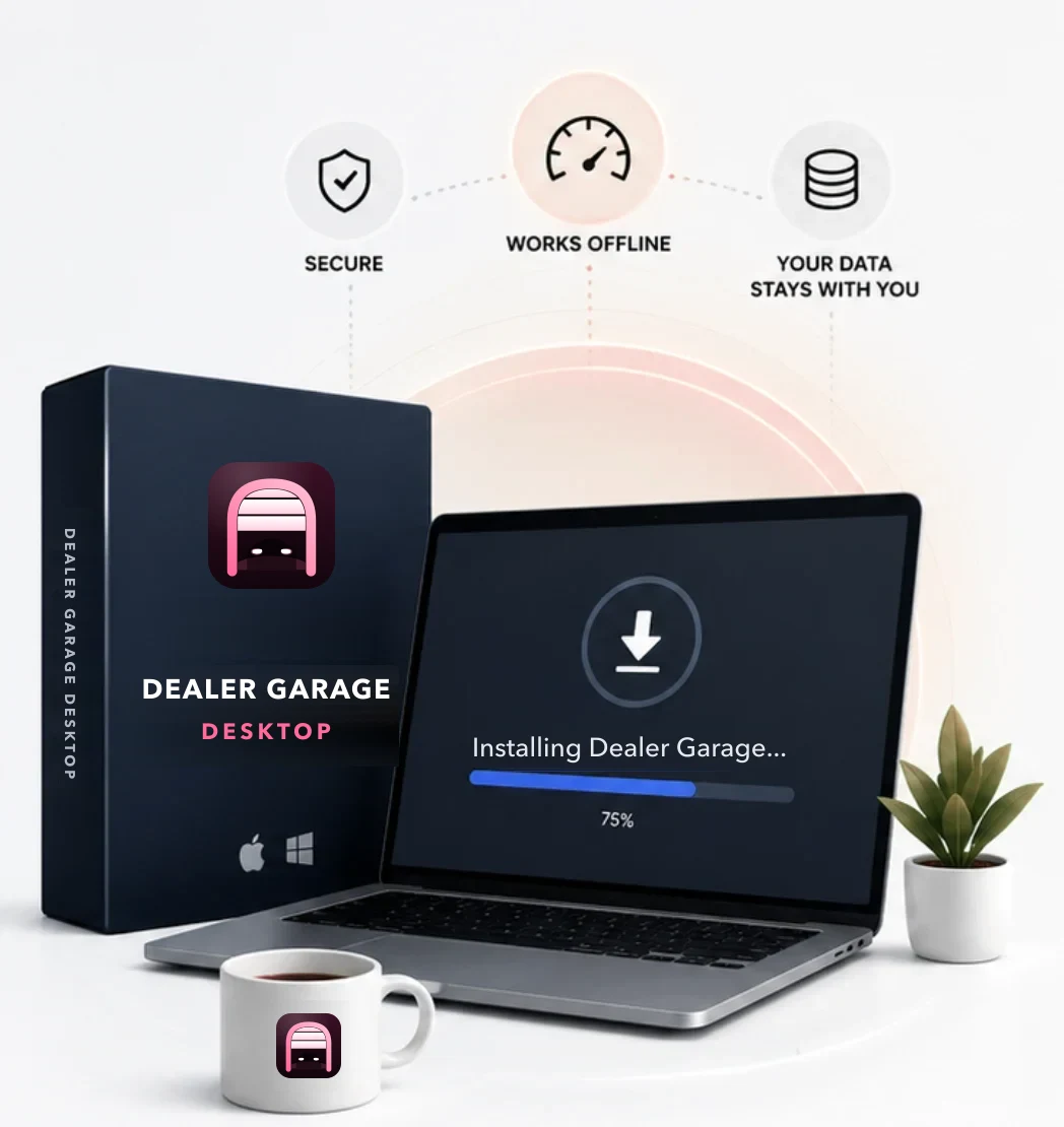 Dealer Garage Desktop box beside a laptop installing Dealer Garage